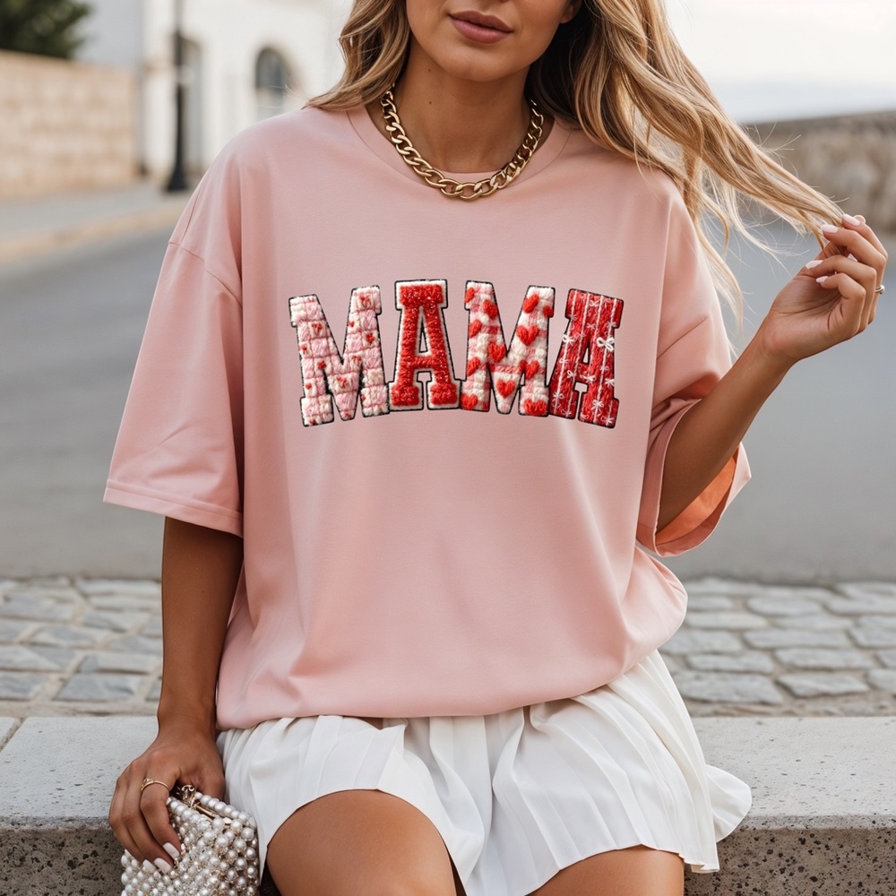 MAMA T-shirt Faux chenille. Plaid, Hearts, Coquette S M L XL new Pink